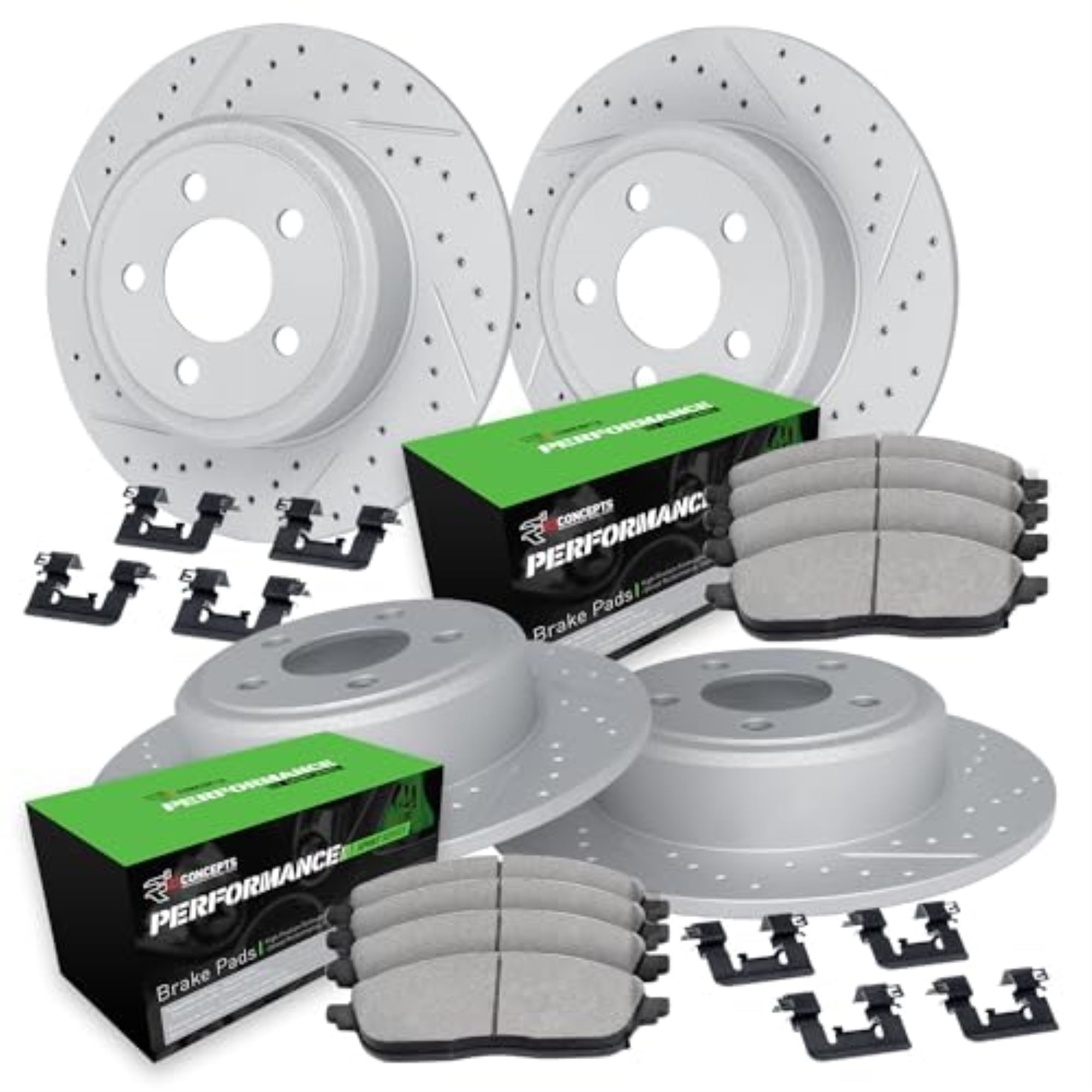 R1 Concepts Drilled and Slotted Carbon Coated Disc Brake Rotor Set with Performance Sport Pads and Hardware WBSH2-54037