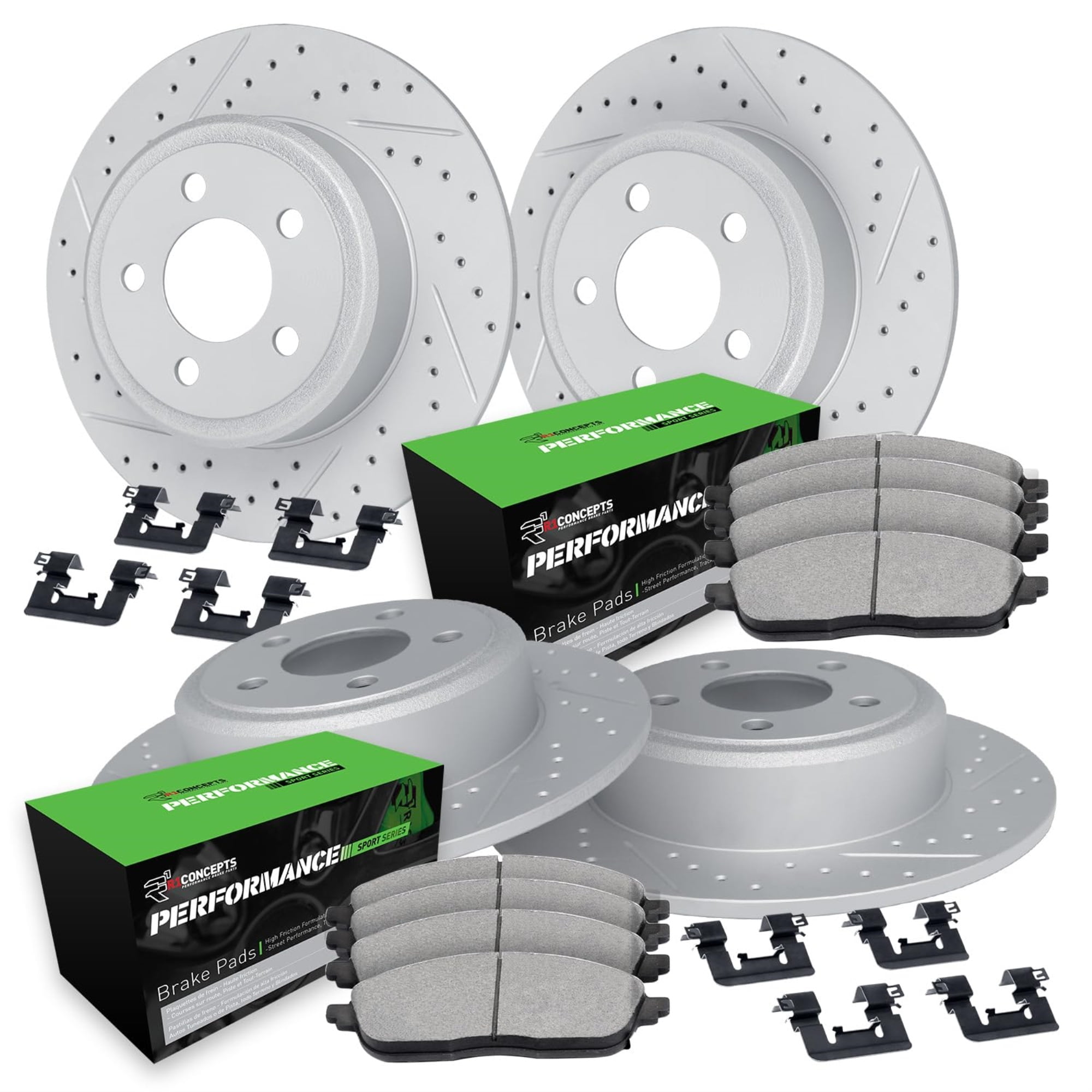 R1 Concepts Drilled and Slotted Carbon Coated Disc Brake Rotor Set with Performance Sport Pads and Hardware WBSH2-67031