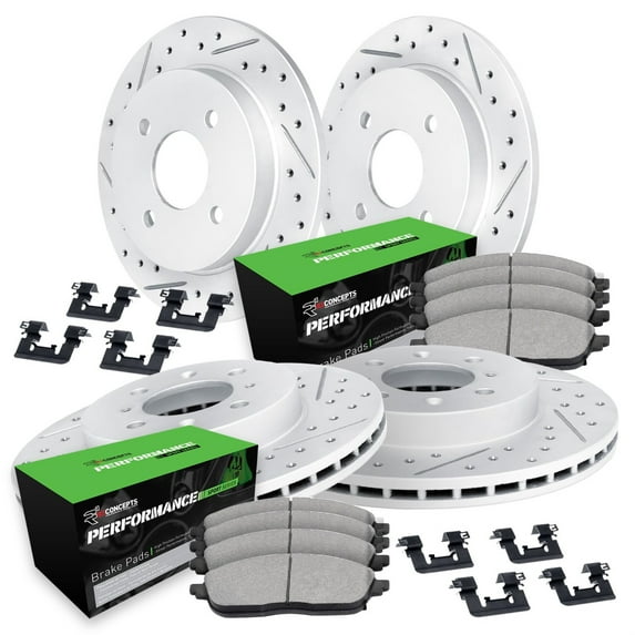 R1 Concepts Drilled and Slotted Carbon Coated Disc Brake Rotor Set with Performance Sport Pads and Hardware WBSH2-80003
