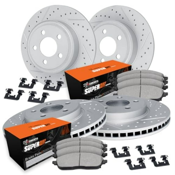R1 Concepts Drilled and Slotted Carbon Coated Disc Brake Rotor Set with Super Duty Pads and Hardware WBXH2-99037