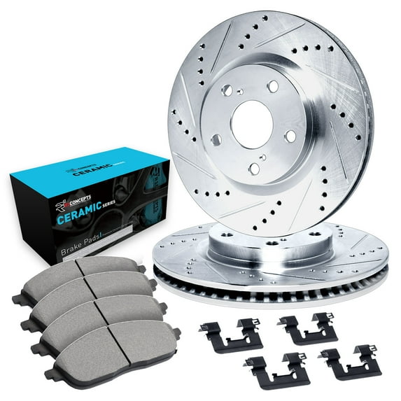 R1 Concepts Front Brake Kit For 2014-2022 INFINITI Q50, 2017-2022 INFINITI Q60, 2016-2017 INFINITI QX50| Drilled Slotted Brake Rotors| Ceramic Brake Pads and Rotors Kit| Hardware included