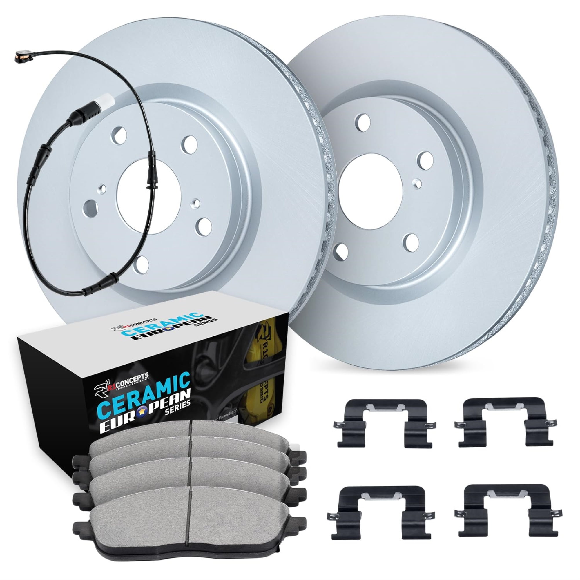 R1 Concepts Carbon Coated Disc Brake Rotor Set with Euro Ceramic Pads, Sensor, and Hardware WDTS1-19152