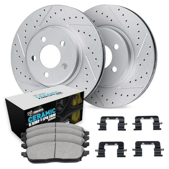 R1 Concepts Drilled and Slotted Carbon Coated Disc Brake Rotor Set with Euro Ceramic Pads and Hardware WBTH1-46072