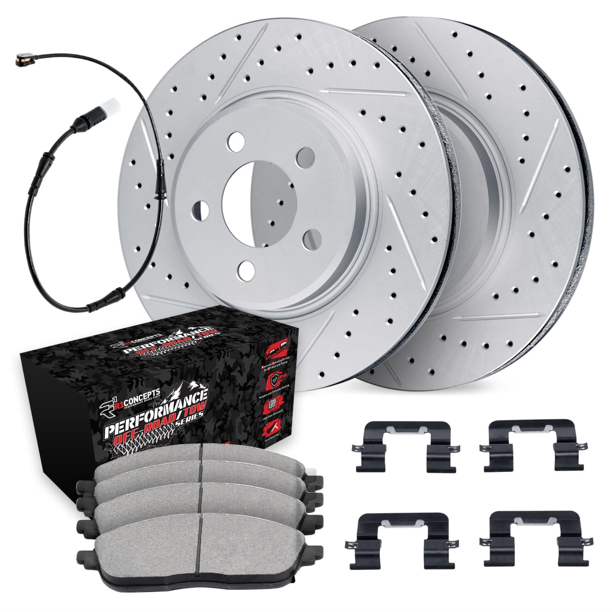 R1 Concepts Drilled and Slotted Carbon Coated Disc Brake Rotor Set with Off-Road/Tow Brake Pads, Sensor, and Hardware WBVS1-63002