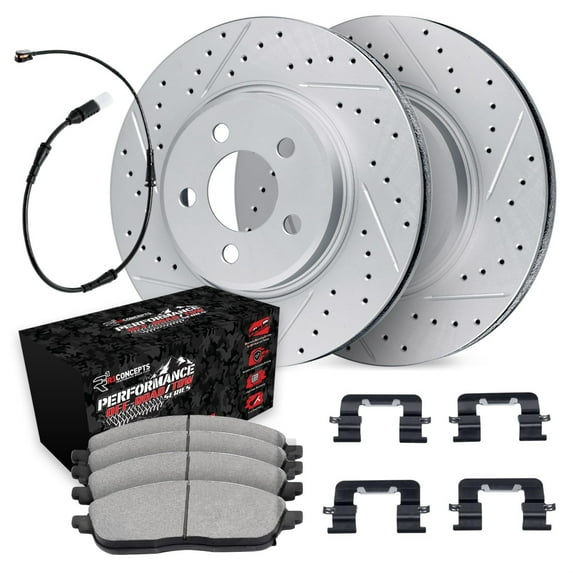 R1 Concepts Drilled and Slotted Carbon Coated Disc Brake Rotor Set with Off-Road/Tow Brake Pads, Sensor, and Hardware WBVS1-63002