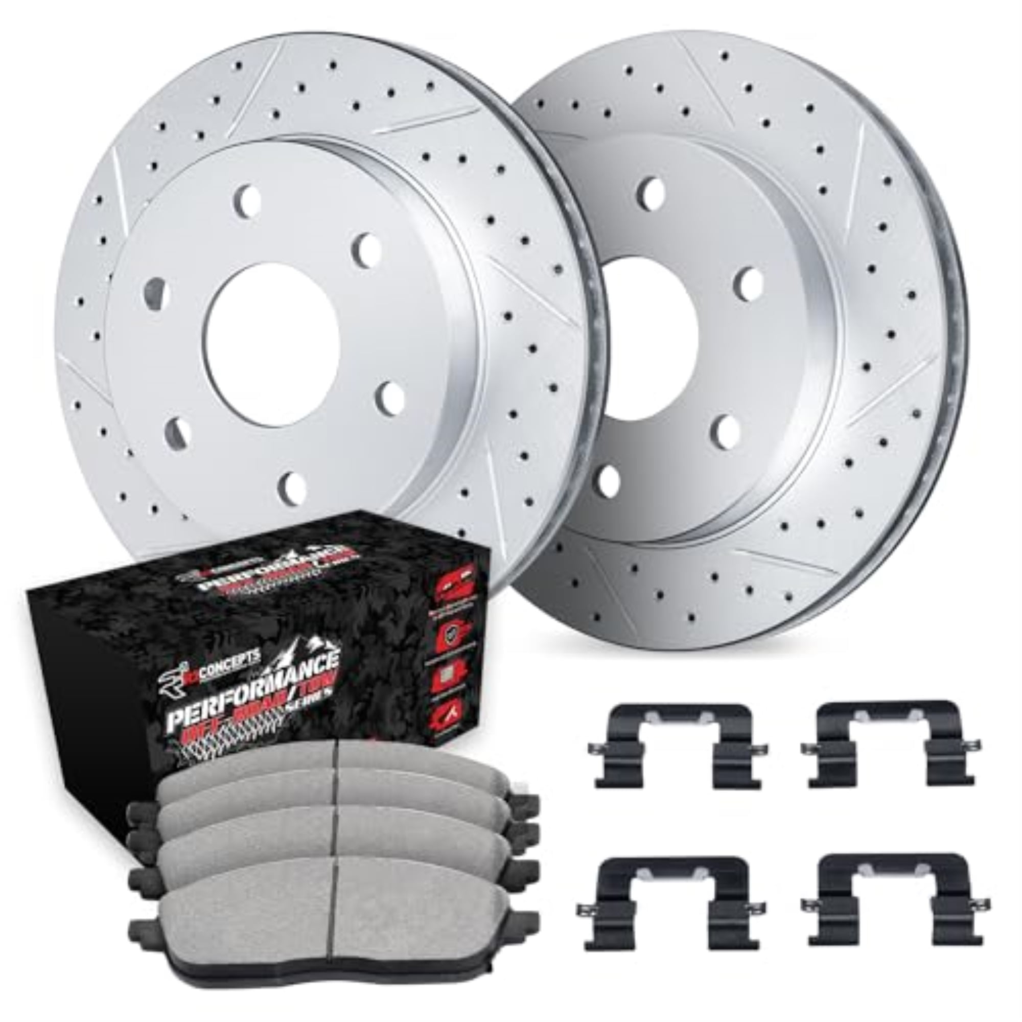 R1 Concepts Drilled and Slotted Carbon Coated Disc Brake Rotor Set with Off-Road/Tow Brake Pads and Hardware WBVH1-54067