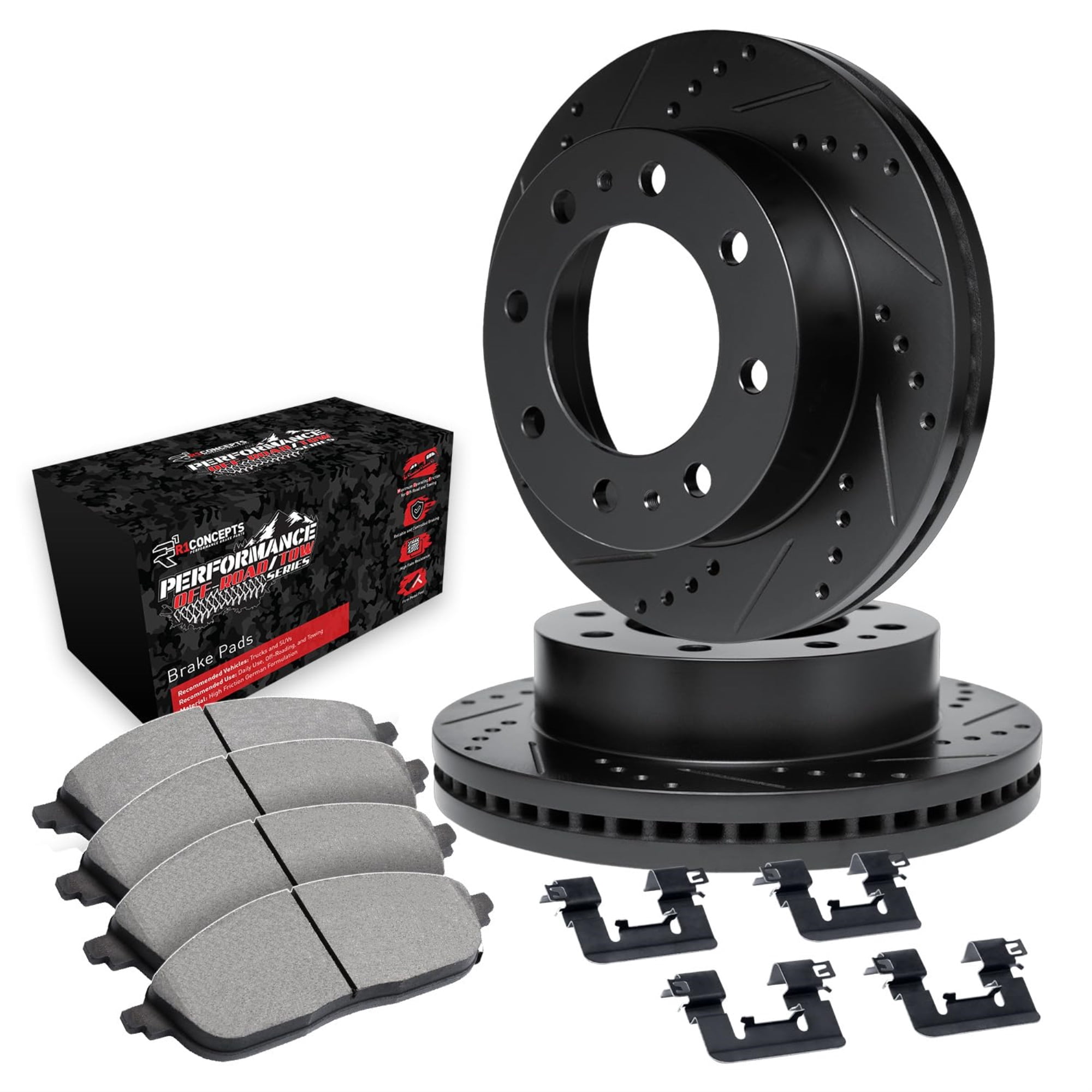R1 Concepts Drilled and Slotted Black Disc Brake Rotor Set with Off-Road/Tow Brake Pads and Hardware WHVH1-48008