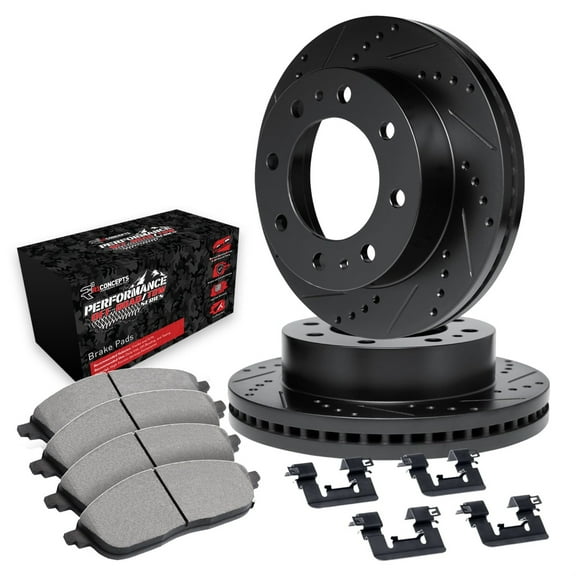 R1 Concepts Drilled and Slotted Black Disc Brake Rotor Set with Off-Road/Tow Brake Pads and Hardware WHVH1-48043