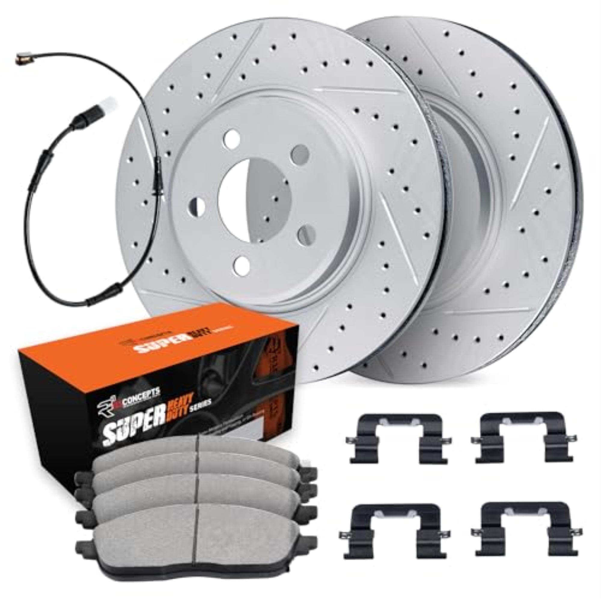 R1 Concepts Drilled and Slotted Carbon Coated Disc Brake Rotor Set with Super Duty Pads, Sensor, and Hardware WBXS1-63001