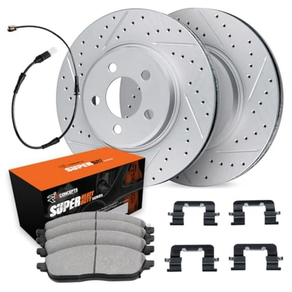 R1 Concepts Drilled and Slotted Carbon Coated Disc Brake Rotor Set with Super Duty Pads, Sensor, and Hardware WBXS1-63124