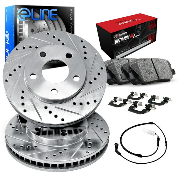 R1 Concepts Front Brake Kit For 2007-2009 Mercedes-Benz ML320, R320, 2006-2011 Mercedes-Benz ML350| Drilled Slotted Brake Rotors| Optimum OEP Brake Pads and Rotors Kit| Hardware, Sensor included