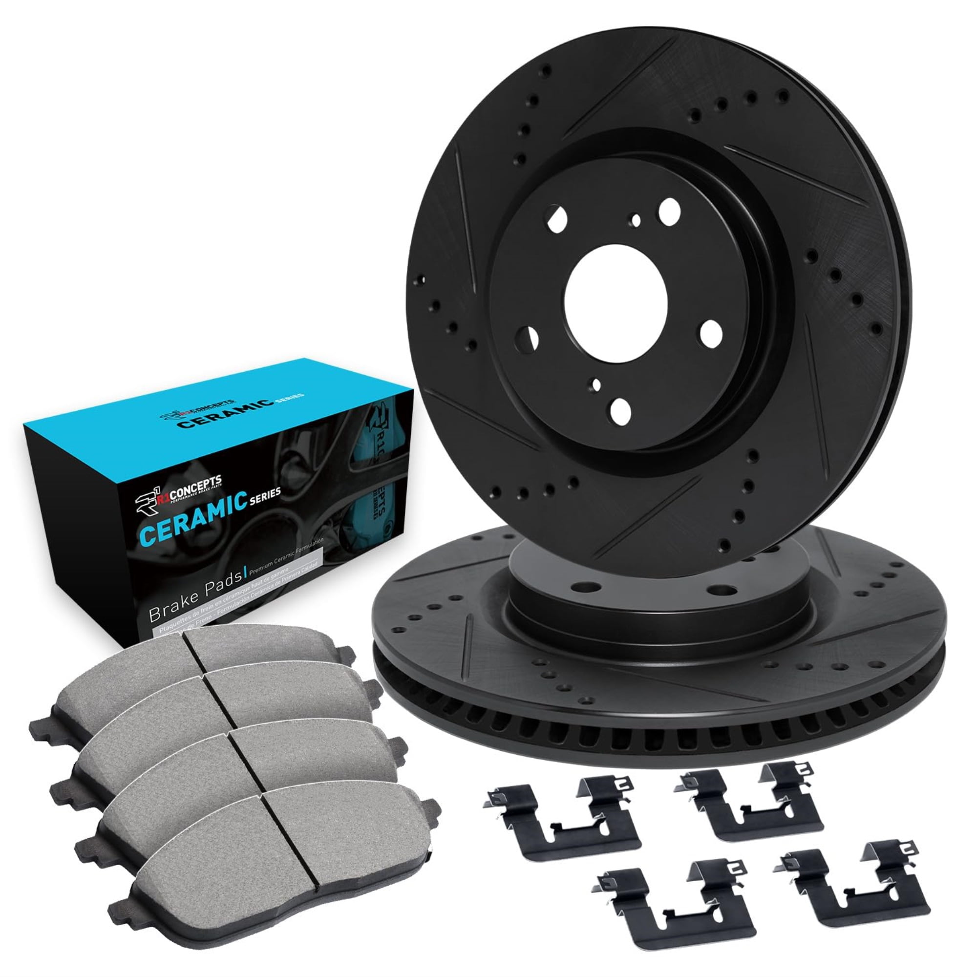 R1 Concepts Drilled and Slotted Black Disc Brake Rotor Set with Ceramic Pads and Hardware WHWH1-20012