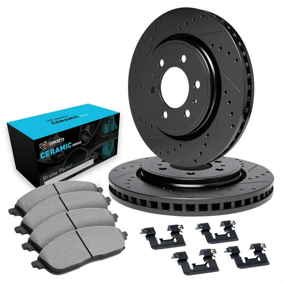R1 Concepts Drilled and Slotted Black Disc Brake Rotor Set with Ceramic Pads and Hardware WHWH1-46057