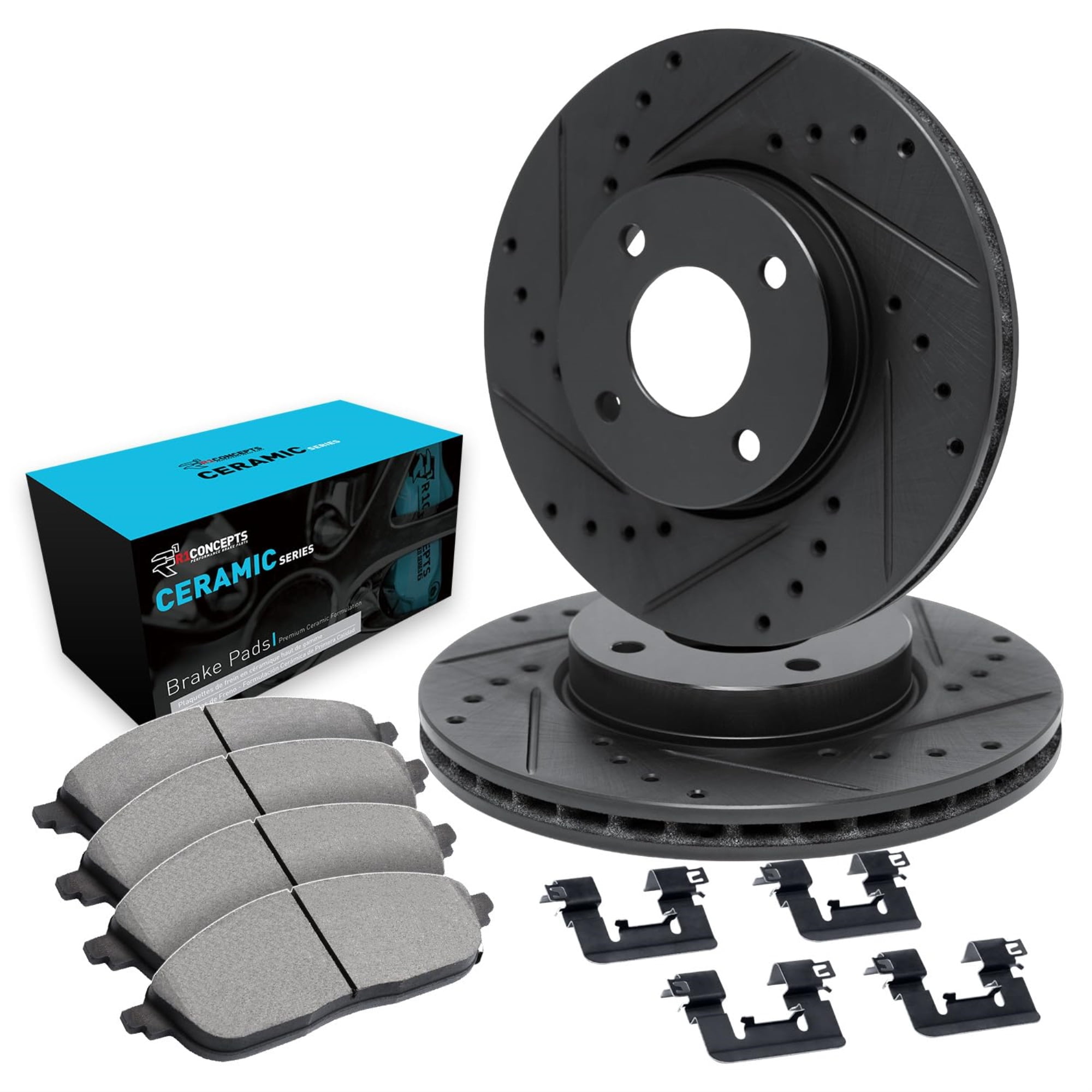 R1 Concepts Drilled and Slotted Black Disc Brake Rotor Set with Ceramic Pads and Hardware WHWH1-67018