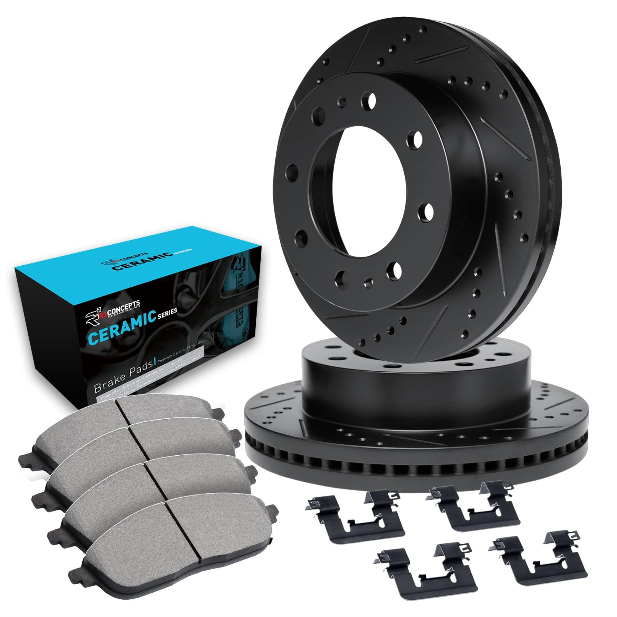 R1 Concepts Drilled and Slotted Black Disc Brake Rotor Set with Ceramic Pads and Hardware WHWH1-67120
