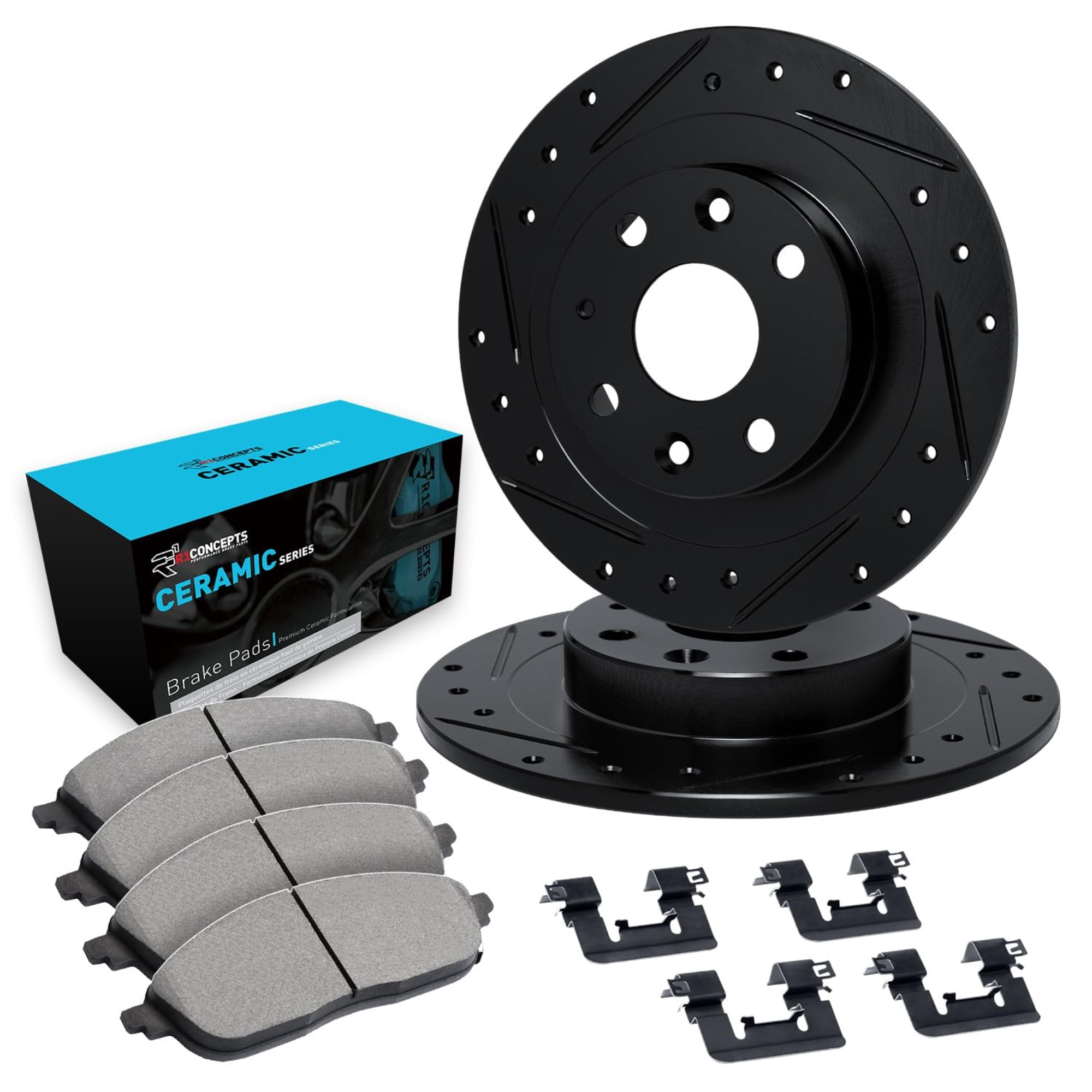 R1 Concepts Drilled and Slotted Black Disc Brake Rotor Set with Ceramic Pads and Hardware WHWH1-76004