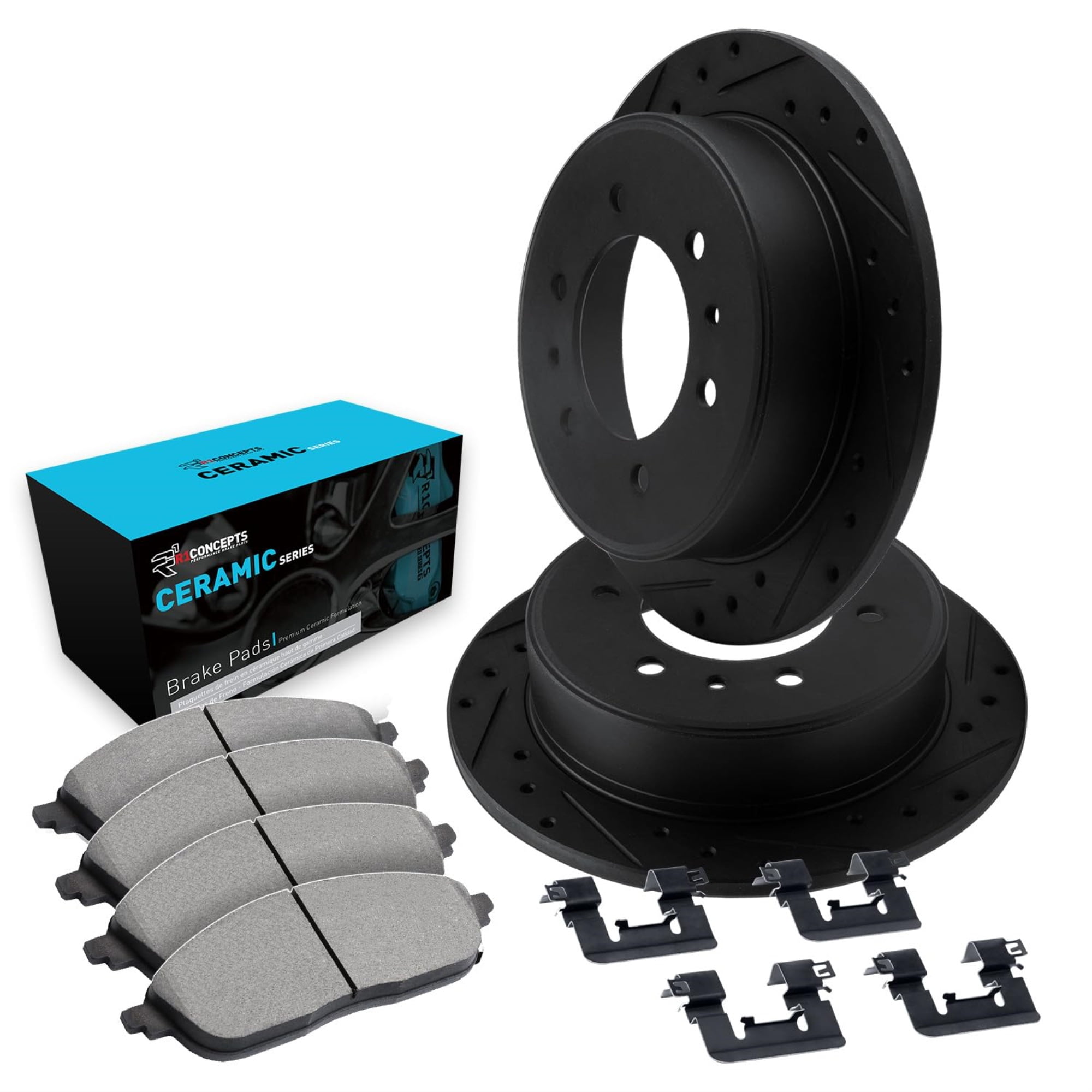 R1 Concepts Drilled and Slotted Black Disc Brake Rotor Set with Ceramic Pads and Hardware WHWH1-76010