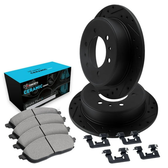 R1 Concepts Drilled and Slotted Black Disc Brake Rotor Set with Ceramic Pads and Hardware WHWH1-76011