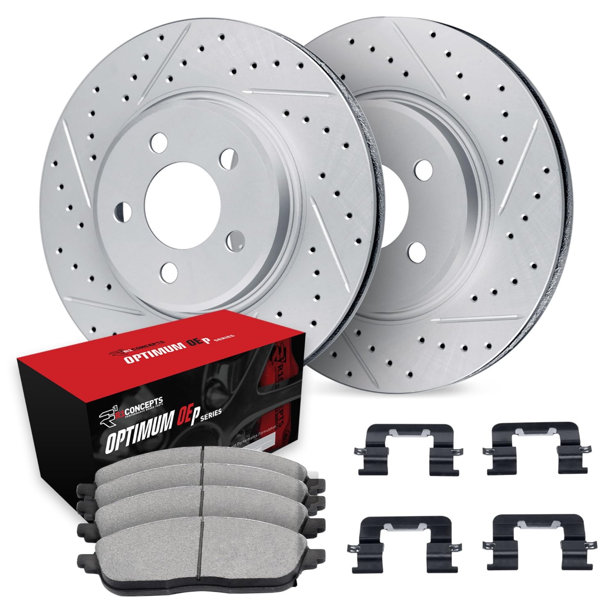 R1 Concepts Drilled and Slotted Carbon Coated Disc Brake Rotor Set with Optimum Oe Pads and Hardware WBUH1-39005