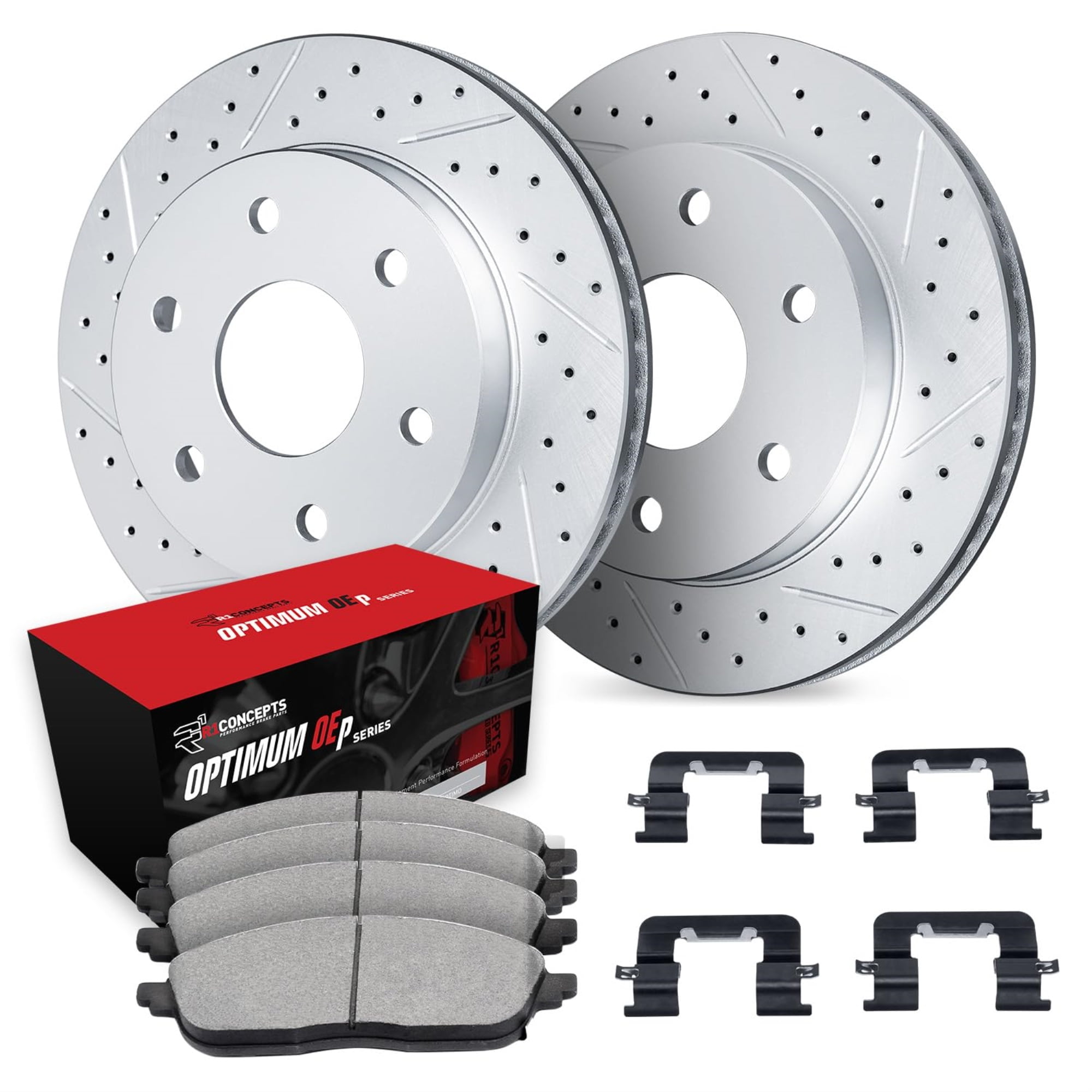 R1 Concepts Drilled and Slotted Carbon Coated Disc Brake Rotor Set with Optimum Oe Pads and Hardware WBUH1-47057