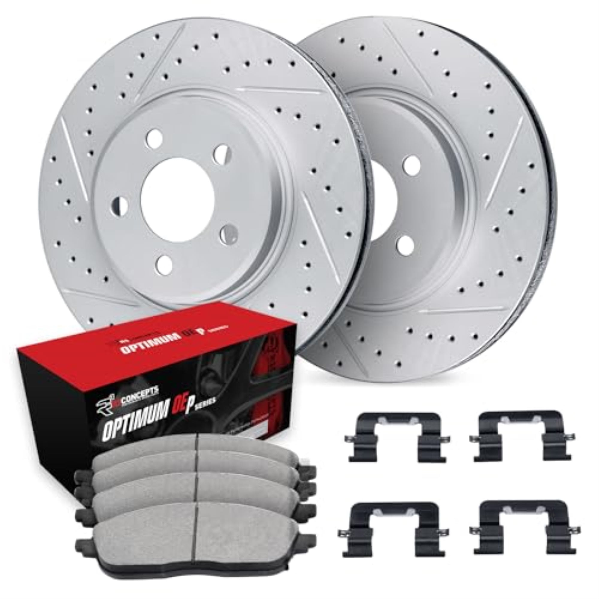 R1 Concepts Drilled and Slotted Carbon Coated Disc Brake Rotor Set with Optimum Oe Pads and Hardware WBUH1-54068