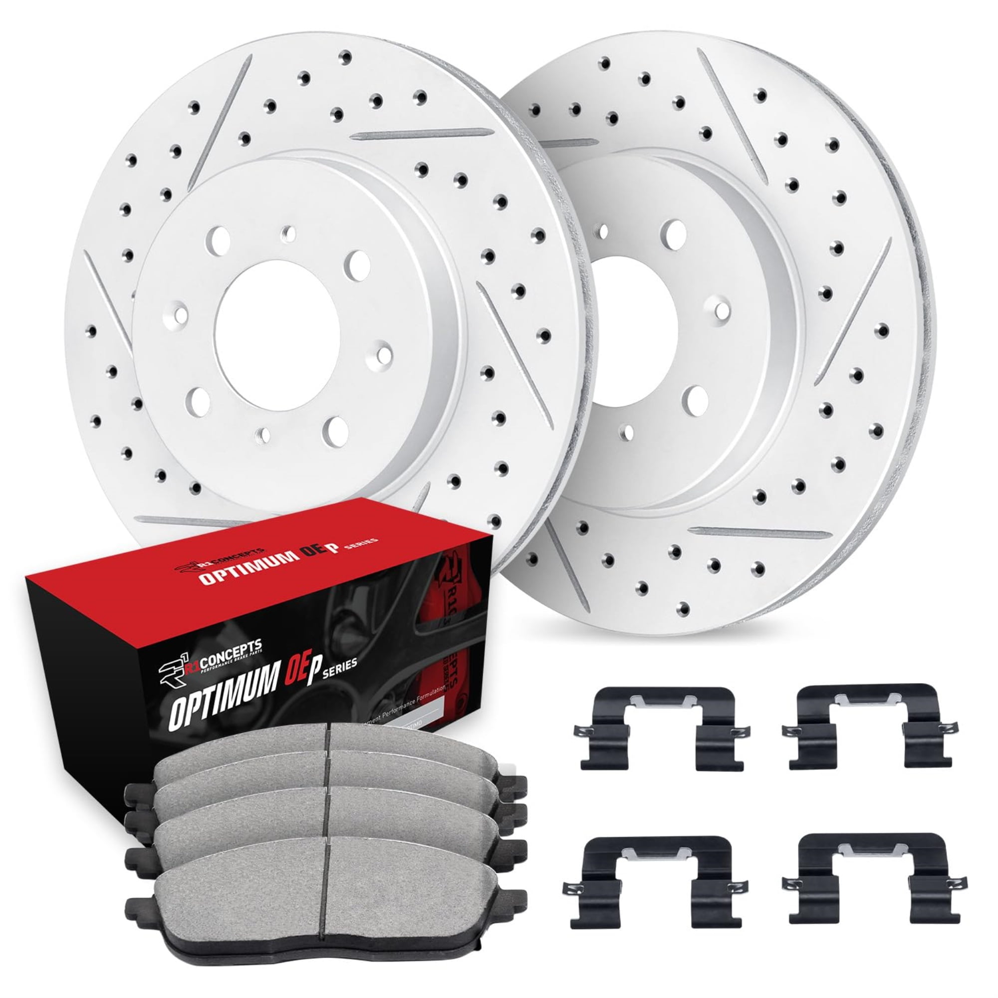 R1 Concepts Drilled and Slotted Carbon Coated Disc Brake Rotor Set with Optimum Oe Pads and Hardware WBUH1-59012
