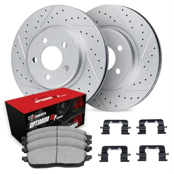 R1 Concepts Drilled and Slotted Carbon Coated Disc Brake Rotor Set with Optimum Oe Pads and Hardware WBUH1-80026