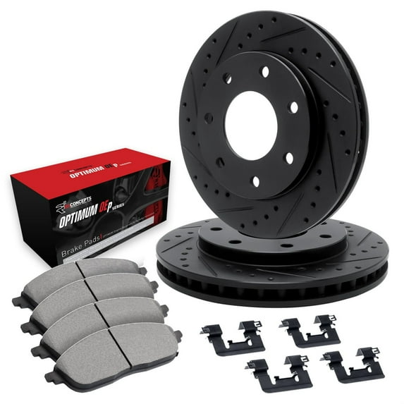 R1 Concepts Drilled and Slotted Black Disc Brake Rotor Set with Optimum Oe Pads and Hardware WHUH1-54116