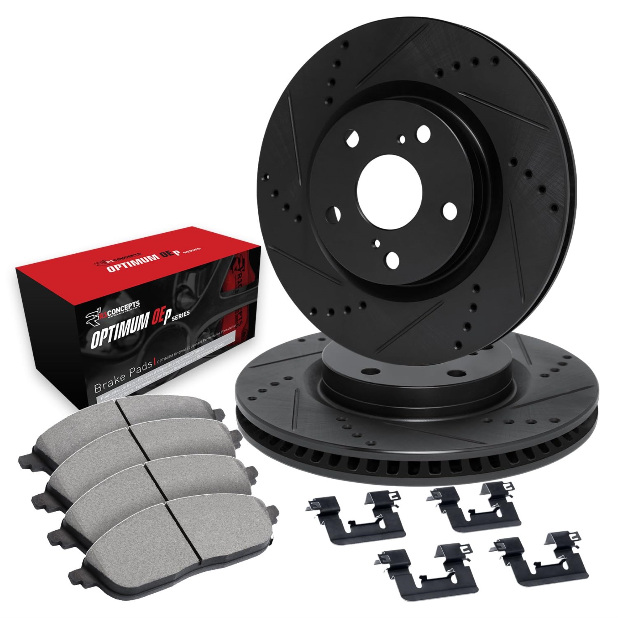 R1 Concepts Drilled and Slotted Black Disc Brake Rotor Set with Optimum Oe Pads and Hardware WHUH1-56001