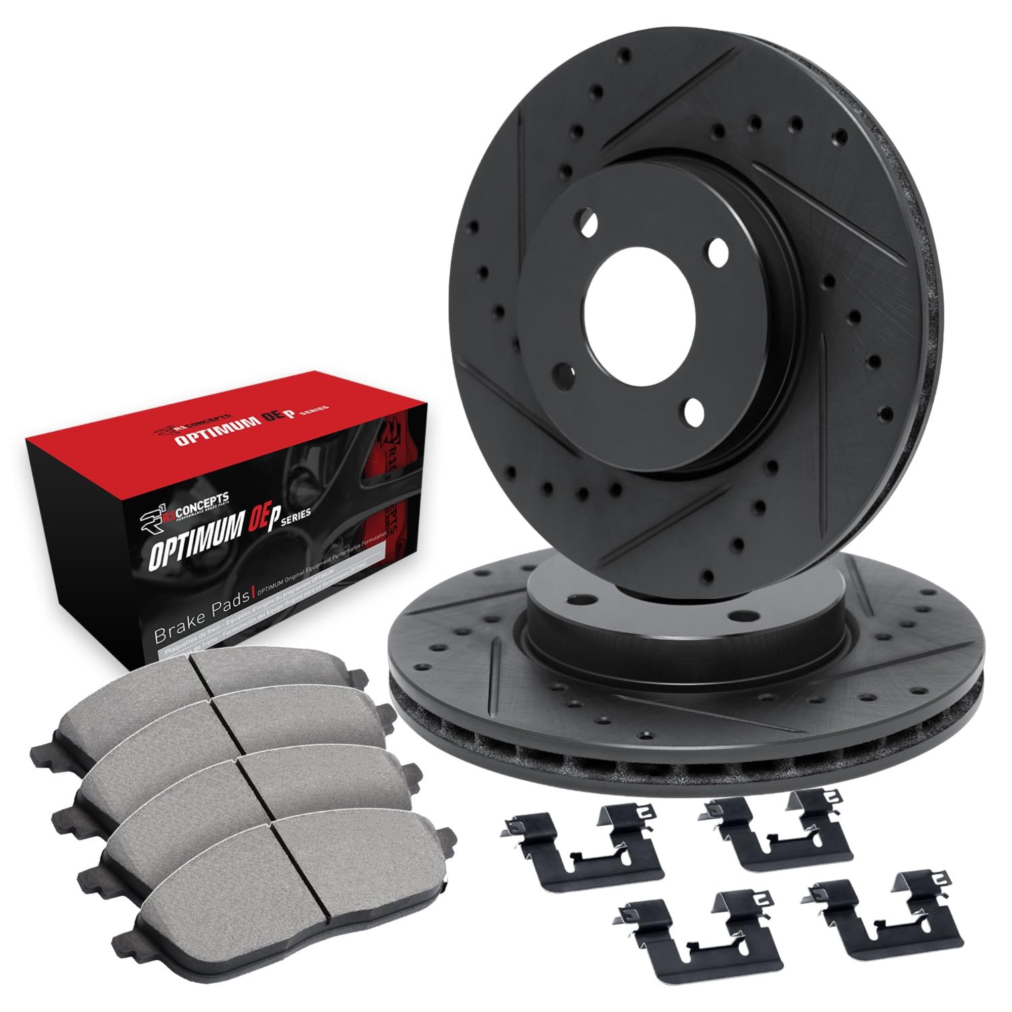 R1 Concepts Drilled and Slotted Black Disc Brake Rotor Set with Optimum Oe Pads and Hardware WHUH1-59150