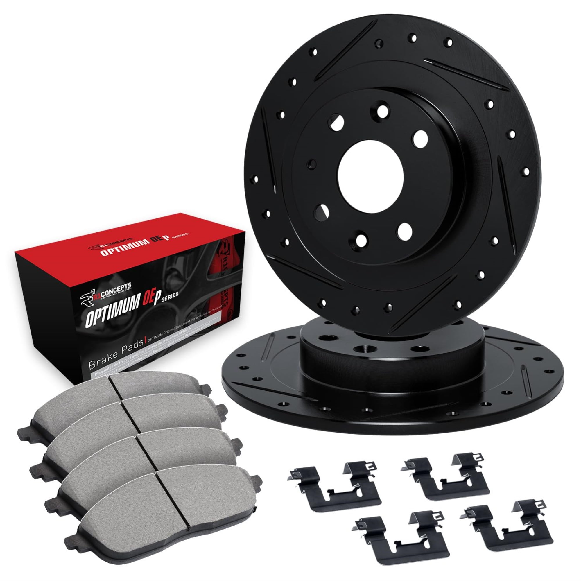 R1 Concepts Drilled and Slotted Black Disc Brake Rotor Set with Optimum Oe Pads and Hardware WHUH1-76118
