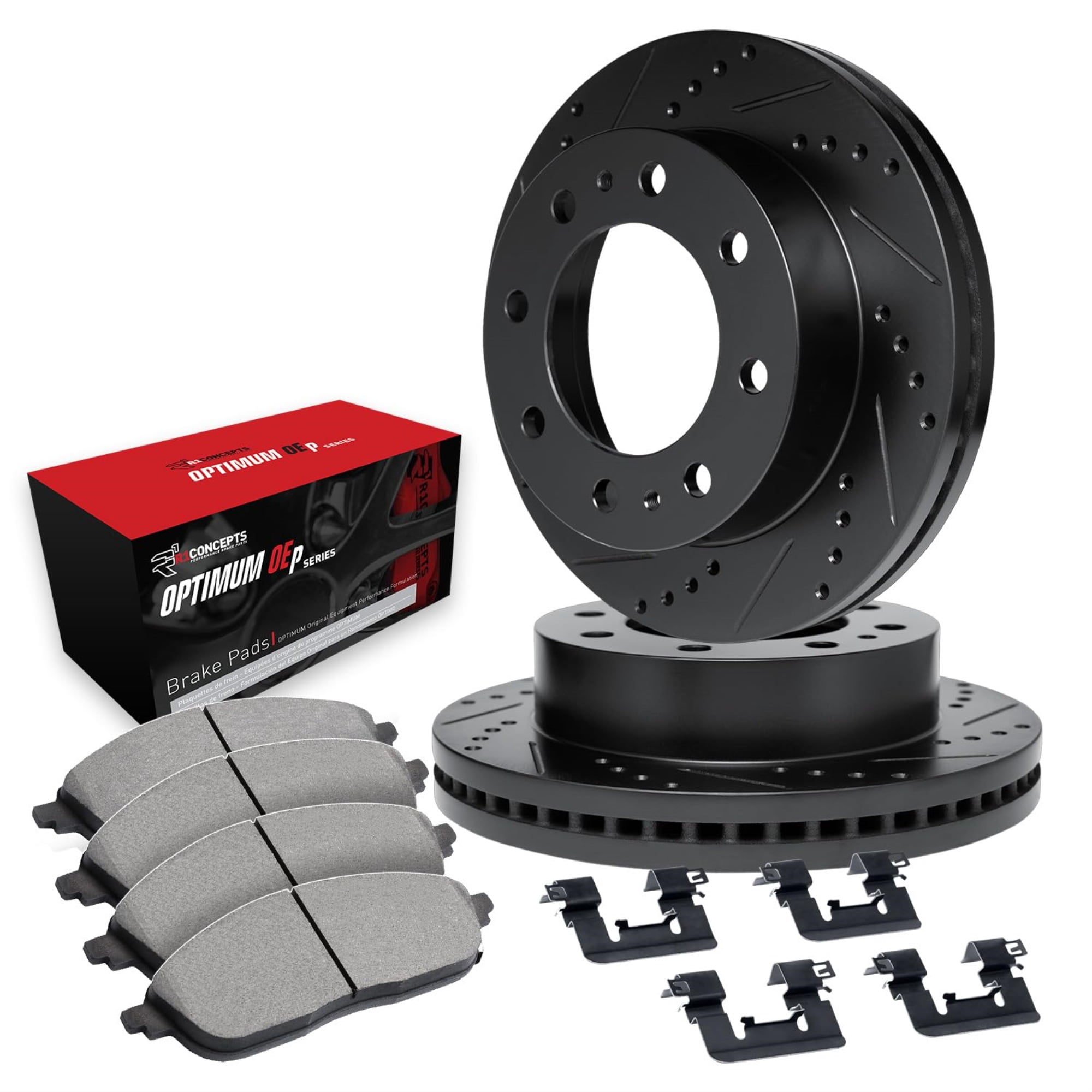 R1 Concepts Drilled and Slotted Black Disc Brake Rotor Set with Optimum Oe Pads and Hardware WHUH1-99251