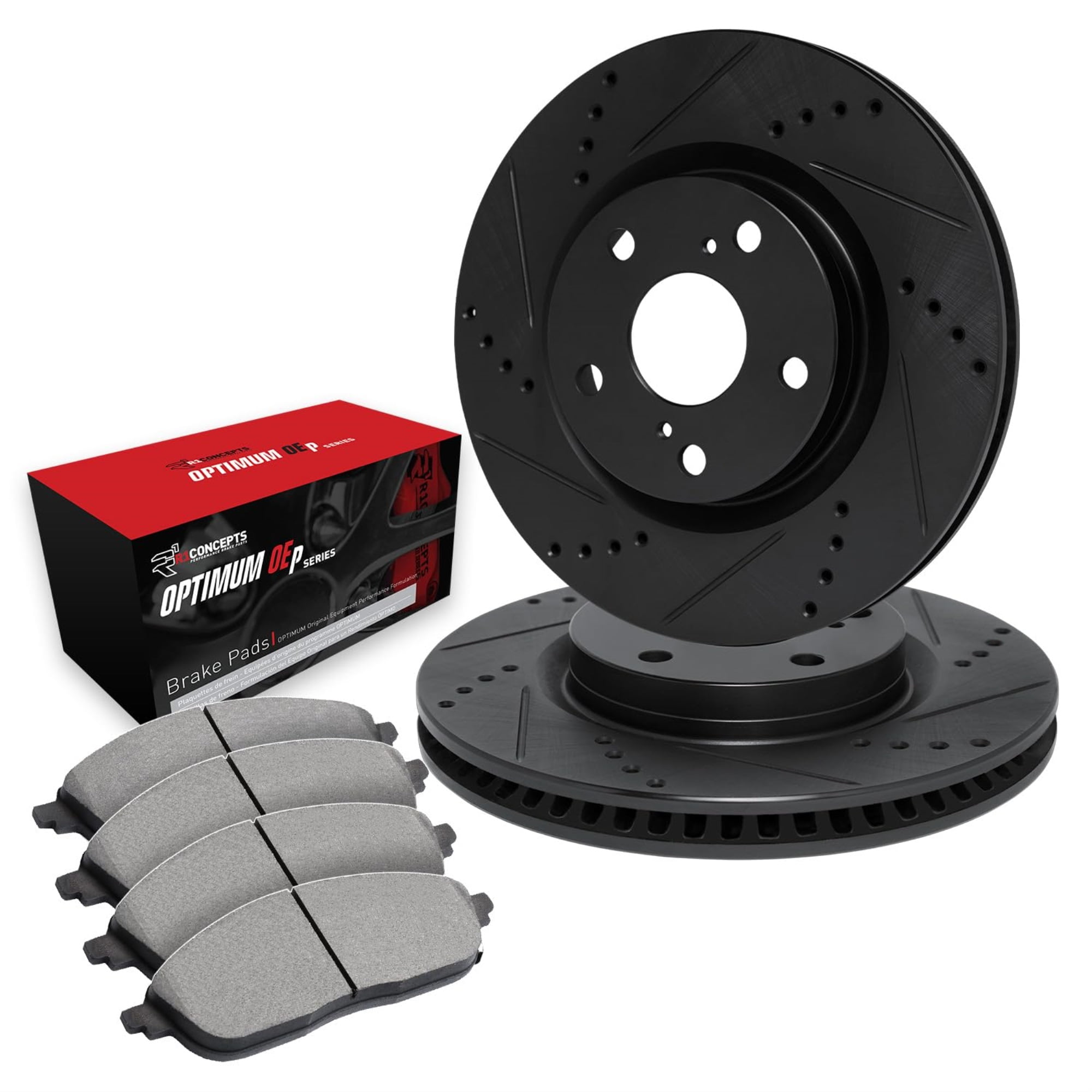 R1 Concepts Drilled and Slotted Black Disc Brake Rotor Set with Optimum Oe Pads WHUN1-39033
