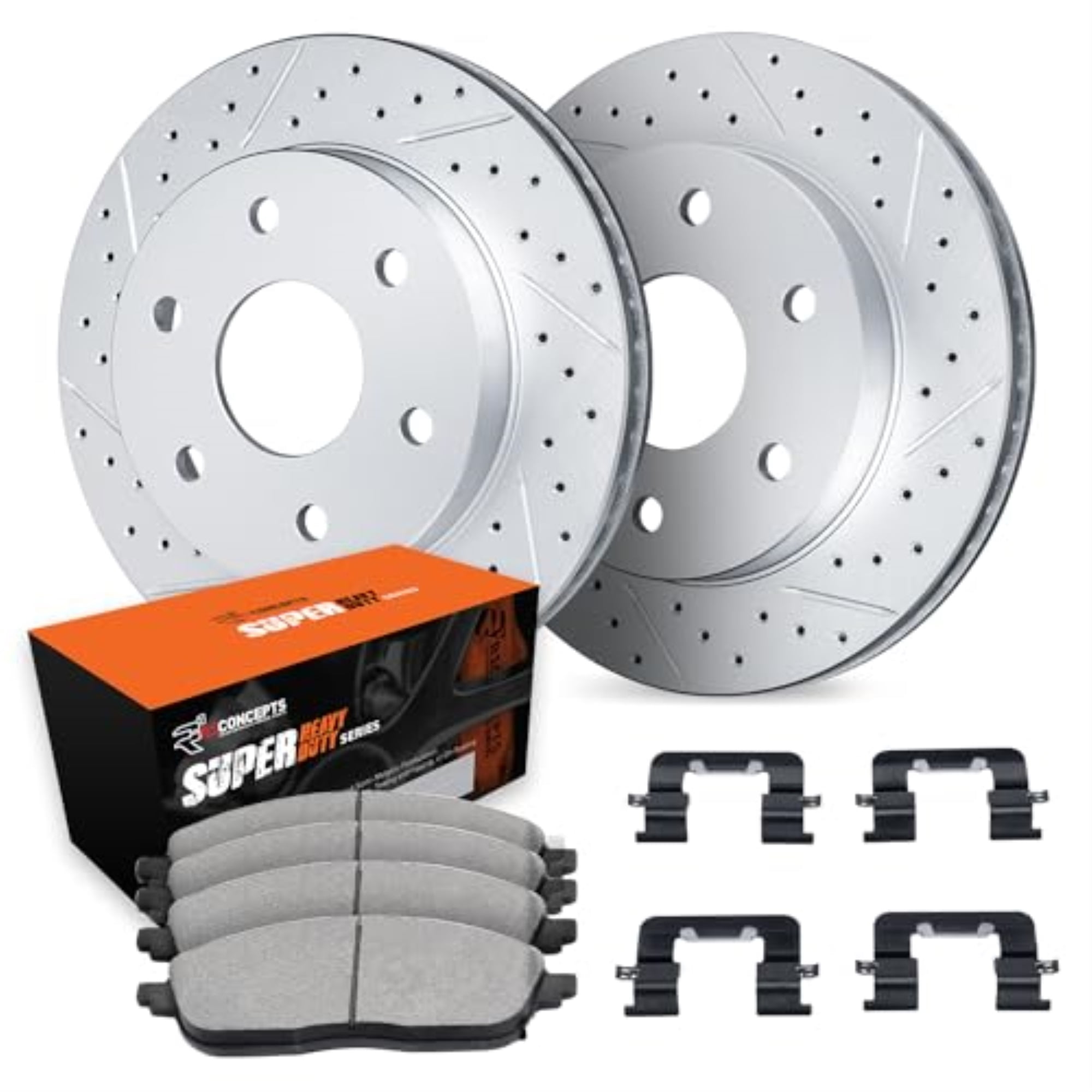 R1 Concepts Drilled and Slotted Carbon Coated Disc Brake Rotor Set with Super Duty Pads and Hardware WBXH1-48082