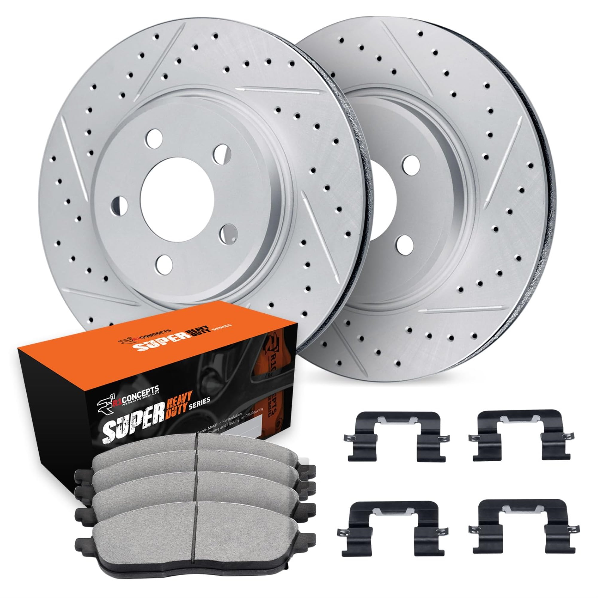 R1 Concepts Drilled and Slotted Carbon Coated Disc Brake Rotor Set with Super Duty Pads and Hardware WBXH1-56007