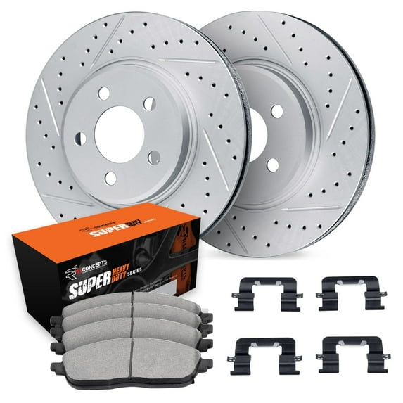 R1 Concepts Drilled and Slotted Carbon Coated Disc Brake Rotor Set with Super Duty Pads and Hardware WBXH1-99091