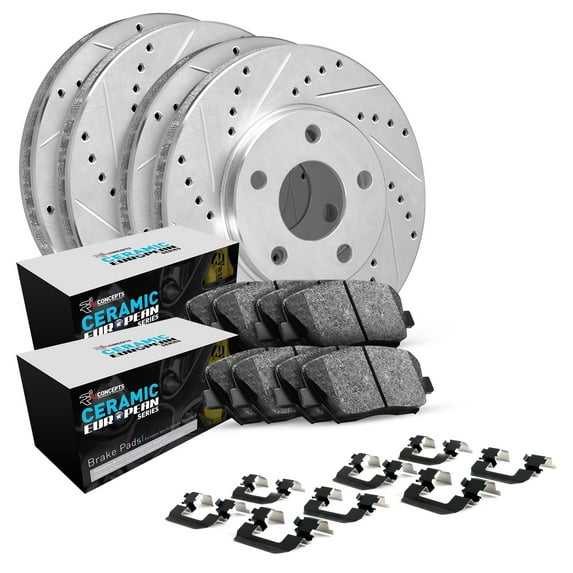 R1 Concepts Front Rear Brakes and Rotors Kit |Front Rear Brake pads| Brake Rotors and Pads| Euro Performance Sport Brake Pads and Rotors| Hardware Kit|fits 2003-2005 Jaguar S-Type, Super V8, XJR
