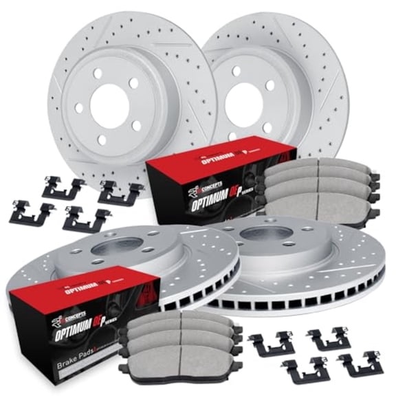 R1 Concepts Drilled and Slotted Carbon Coated Disc Brake Rotor Set with Optimum Oe Pads and Hardware WBUH2-03076