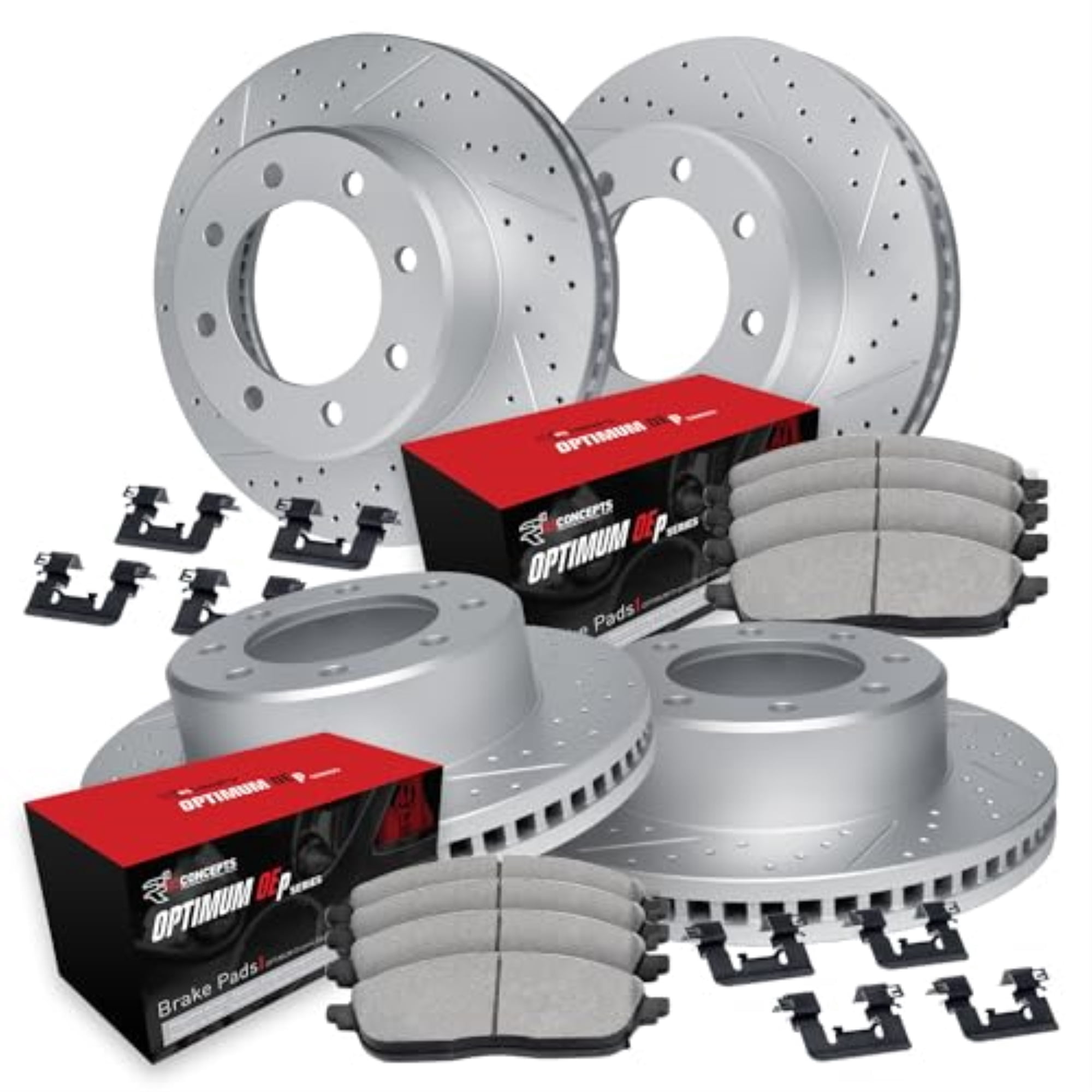 R1 Concepts Drilled and Slotted Carbon Coated Disc Brake Rotor Set with Optimum Oe Pads and Hardware WBUH2-48015