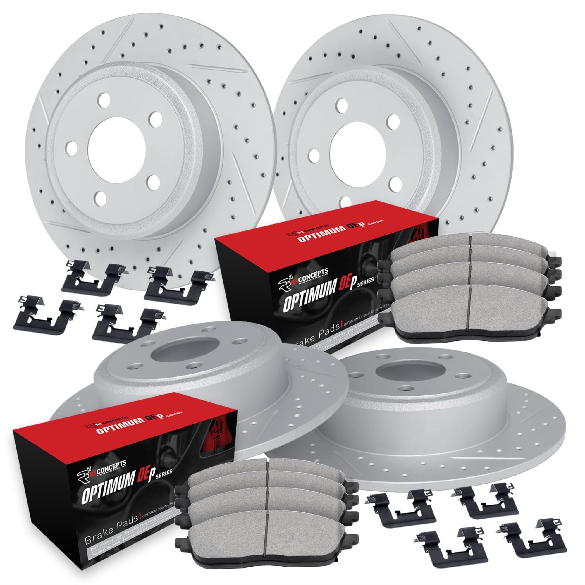 R1 Concepts Drilled and Slotted Carbon Coated Disc Brake Rotor Set with Optimum Oe Pads and Hardware WBUH2-54273