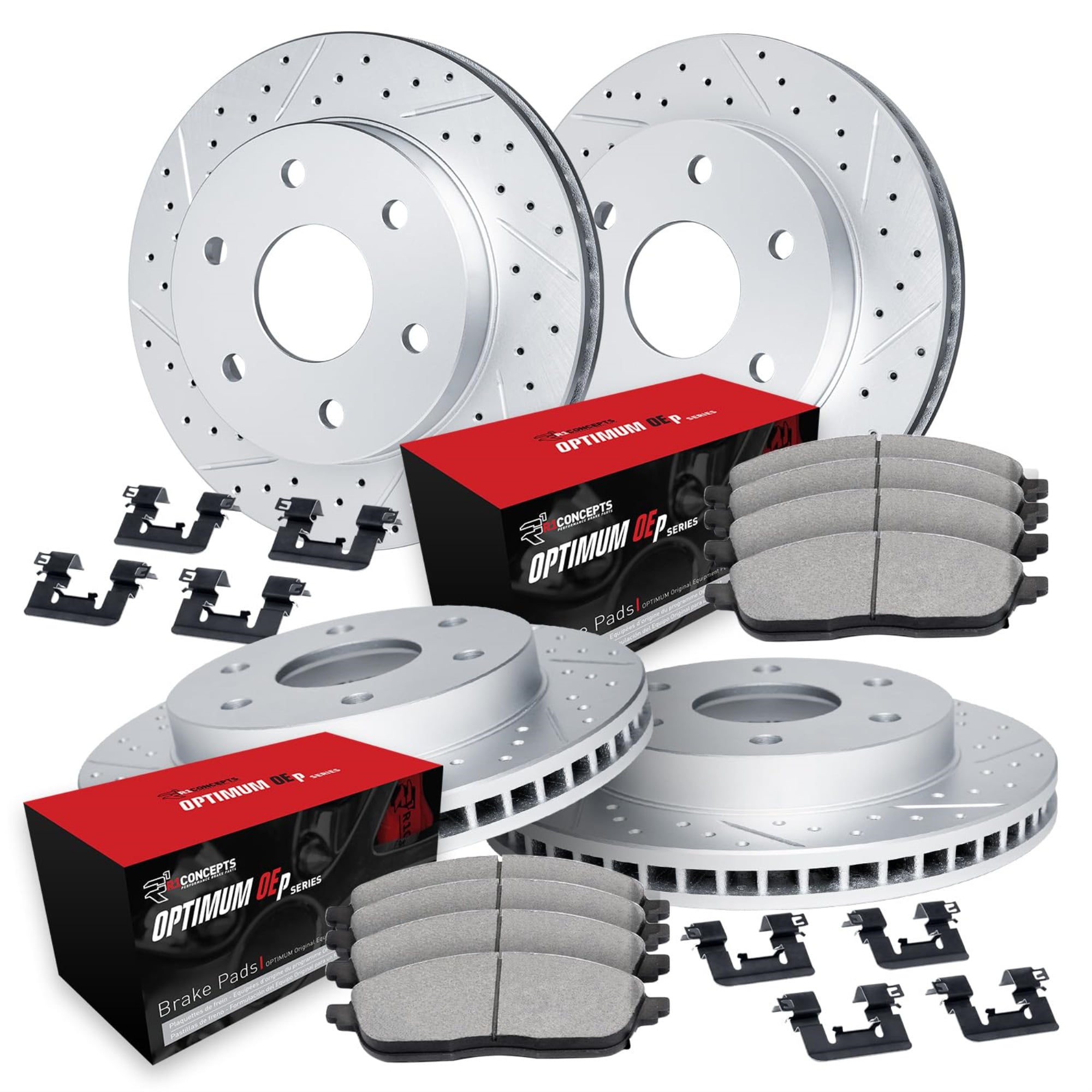 R1 Concepts Drilled and Slotted Carbon Coated Disc Brake Rotor Set with Optimum Oe Pads and Hardware WBUH2-68011