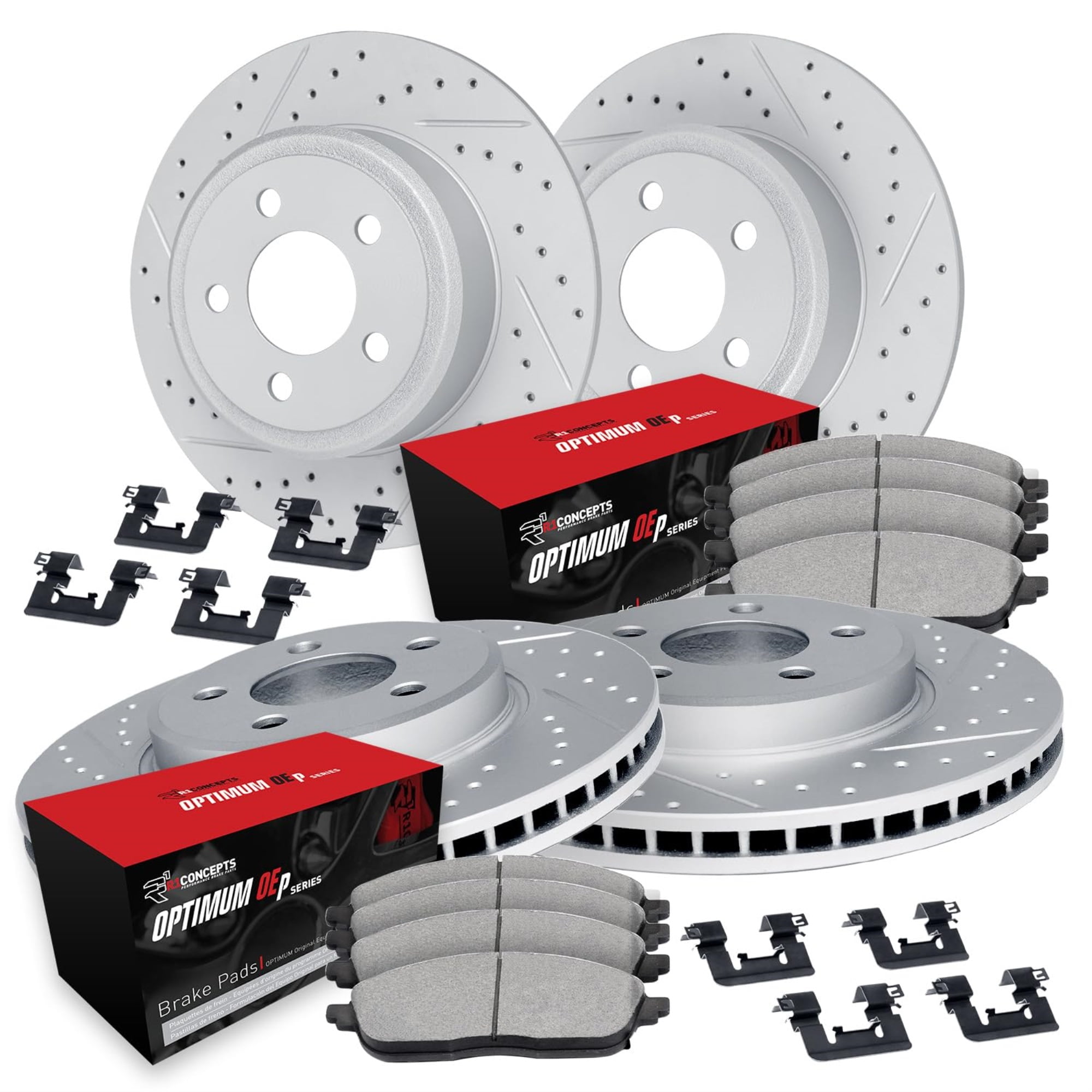 R1 Concepts Drilled and Slotted Carbon Coated Disc Brake Rotor Set with Optimum Oe Pads and Hardware WBUH2-72024