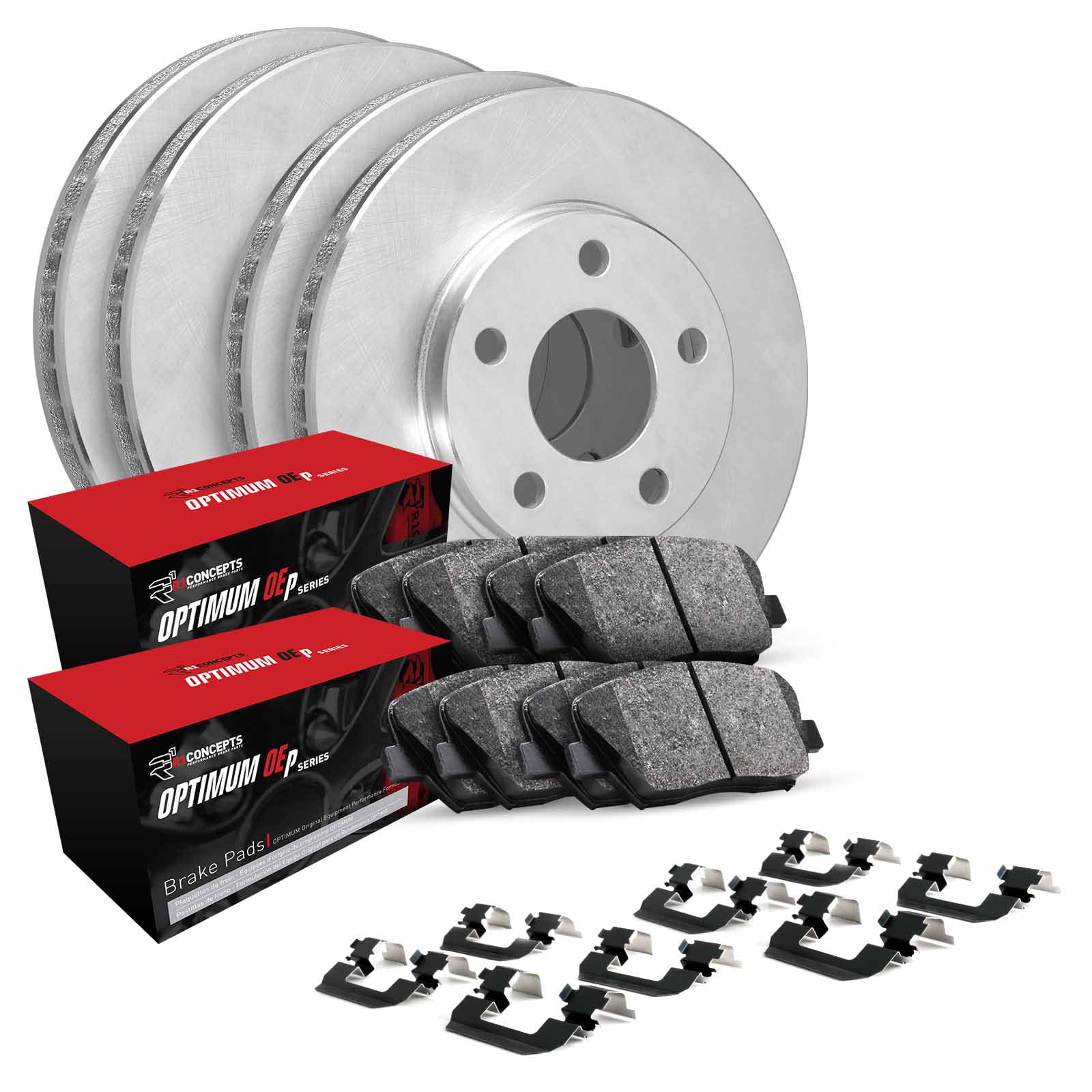 R1 Concepts WFUH2-31092 Front Rear Brakes and Rotors Optimum OEp, (4) Brake rotors, (8) Brake pads and Hardware Kit