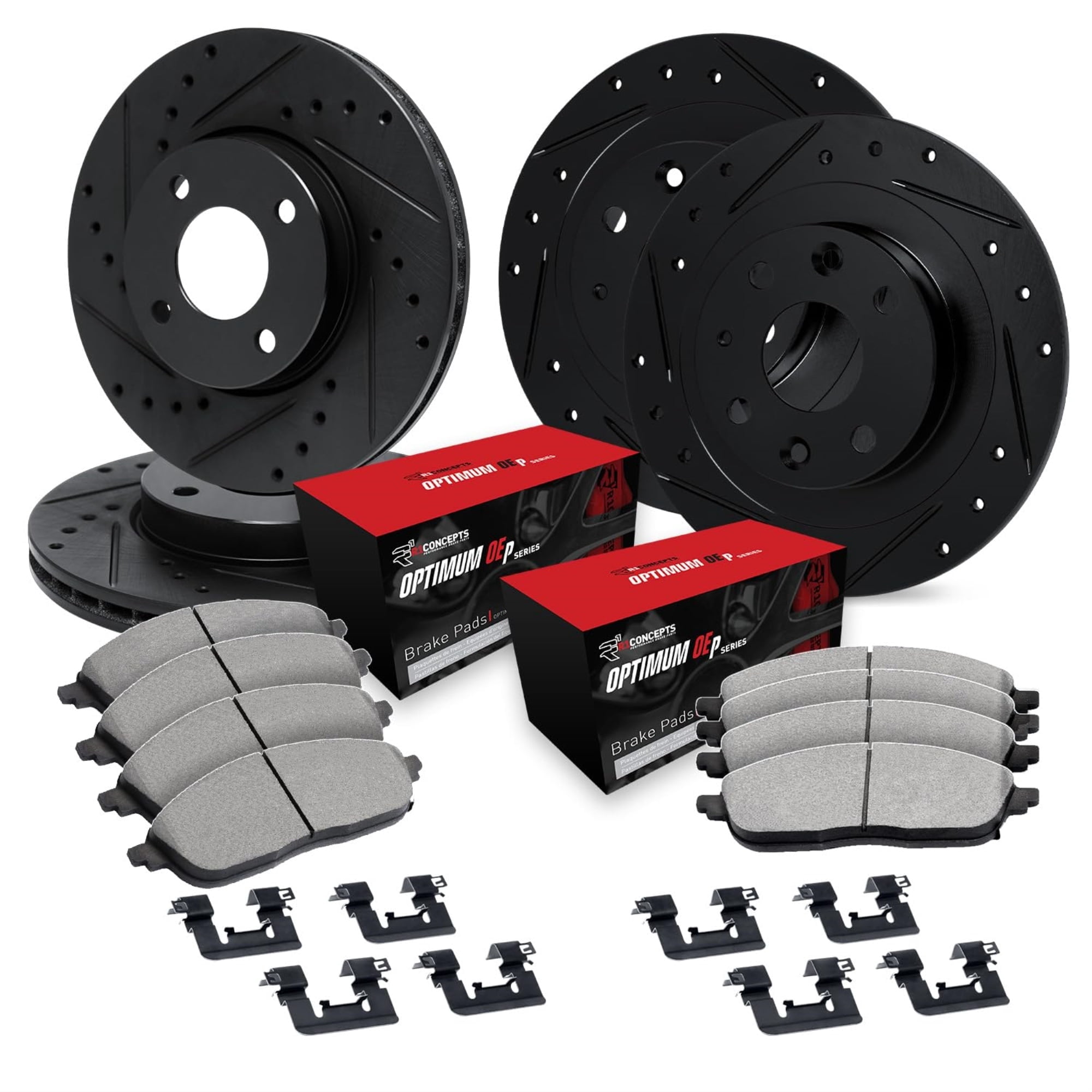 R1 Concepts Drilled and Slotted Black Disc Brake Rotor Set with Optimum Oe Pads and Hardware WHUH2-07000