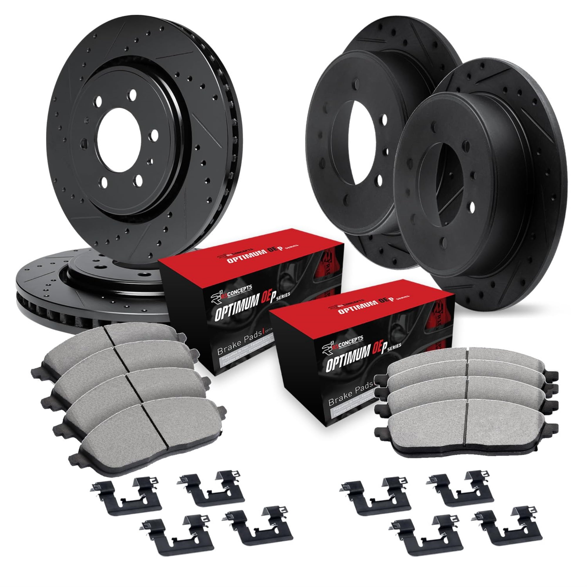 R1 Concepts Drilled and Slotted Black Disc Brake Rotor Set with Optimum Oe Pads and Hardware WHUH2-21016