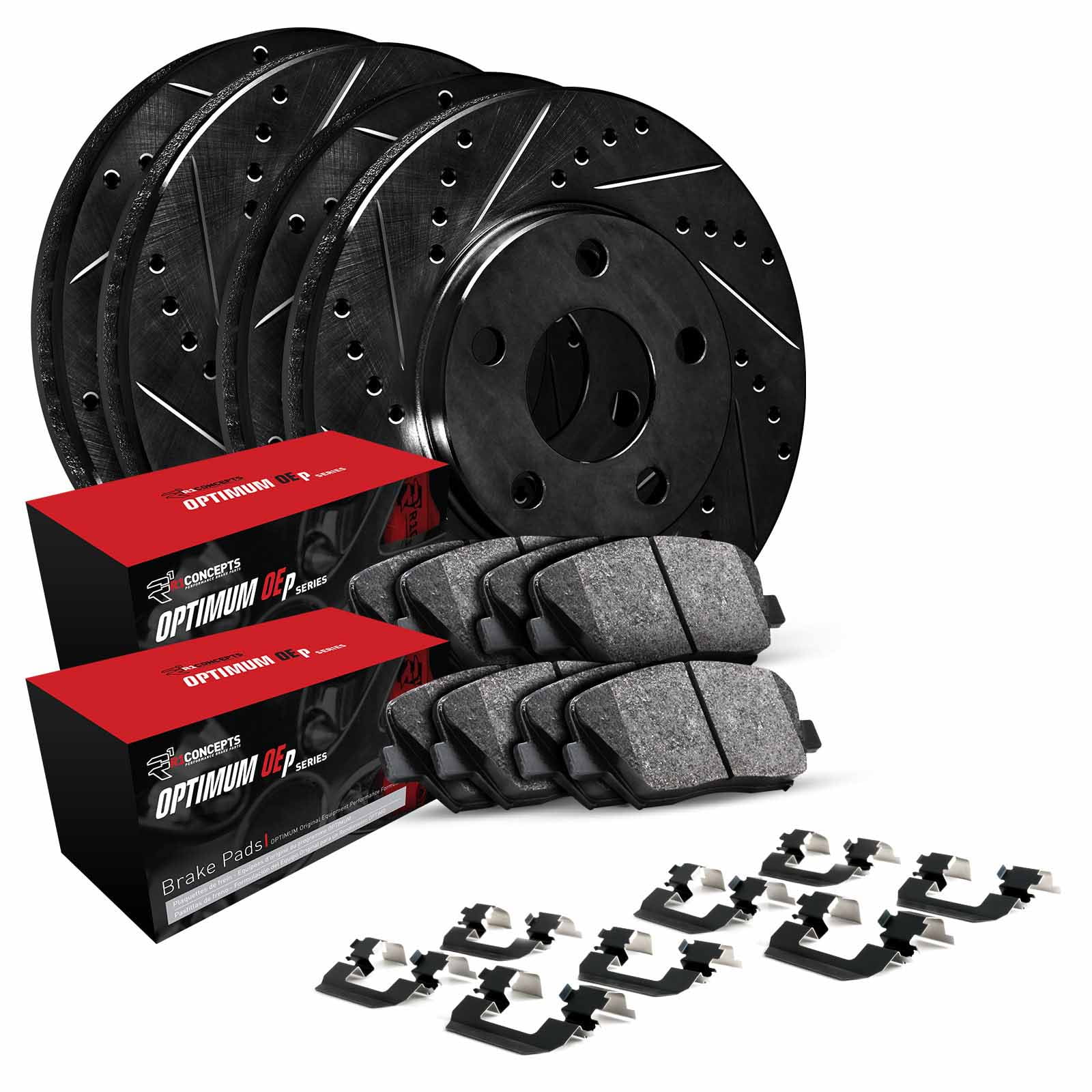 R1 Concepts Front Rear Brakes and Rotors Kit |Front Rear Brake Pads| Brake Rotors and Pads| Optimum OEp Brake Pads and Rotors |Hardware Kit WHUH2-31028