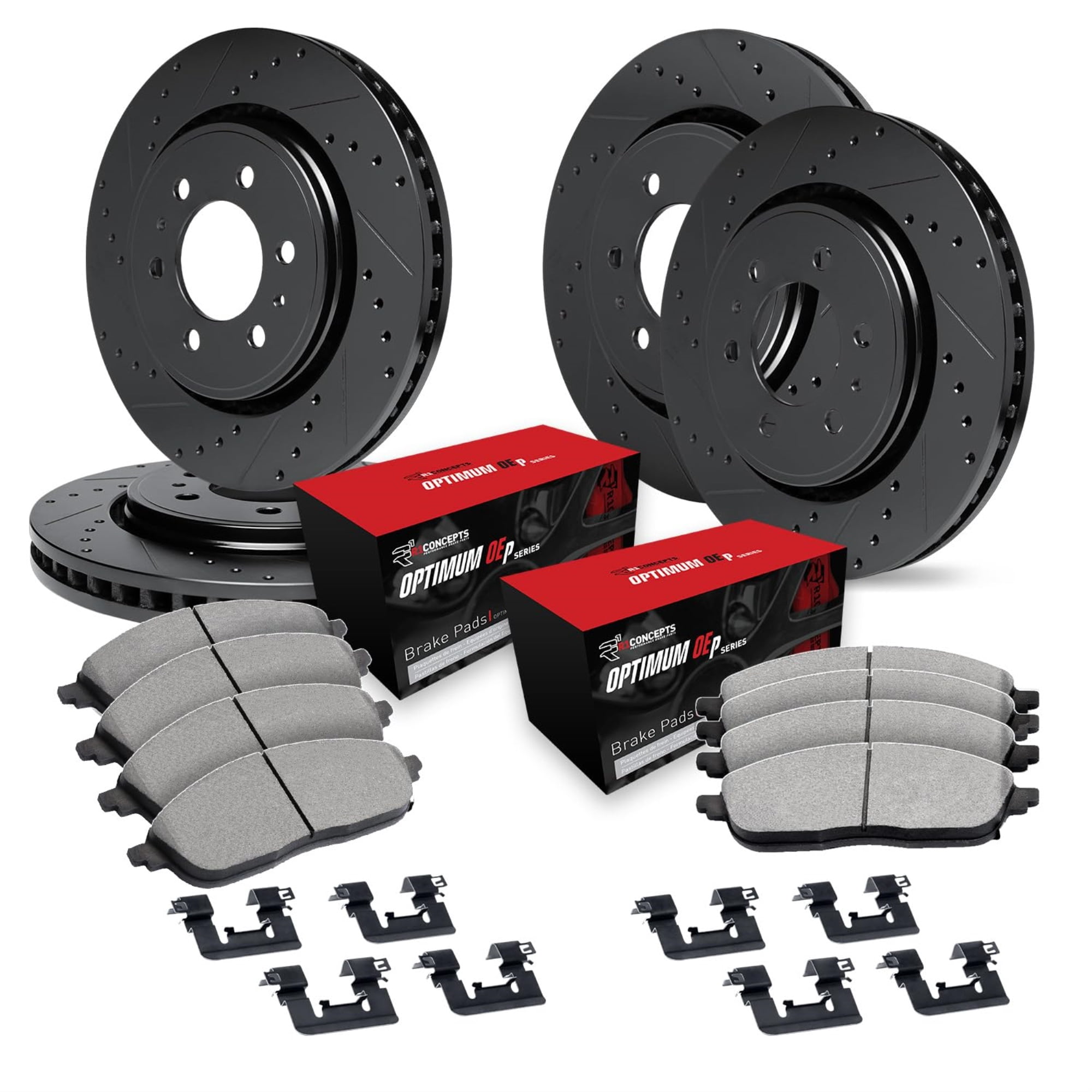 R1 Concepts Drilled and Slotted Black Disc Brake Rotor Set with Optimum Oe Pads and Hardware WHUH2-37002