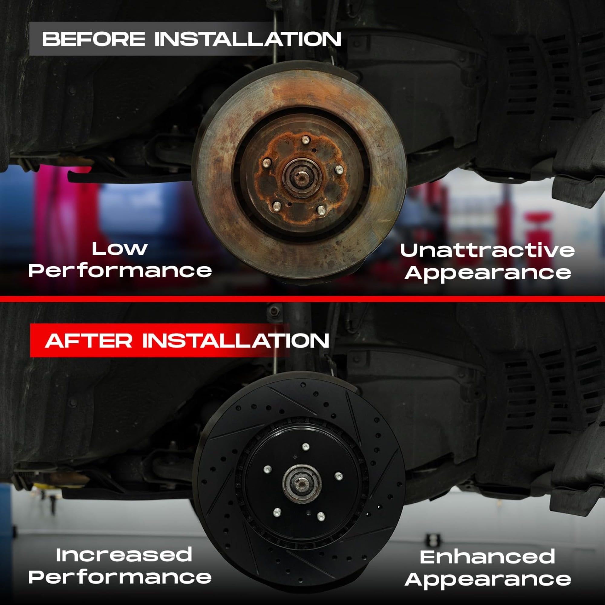 R1 Concepts Drilled and Slotted Black Disc Brake Rotor Set with Optimum Oe Pads and Hardware WHUH2-54067