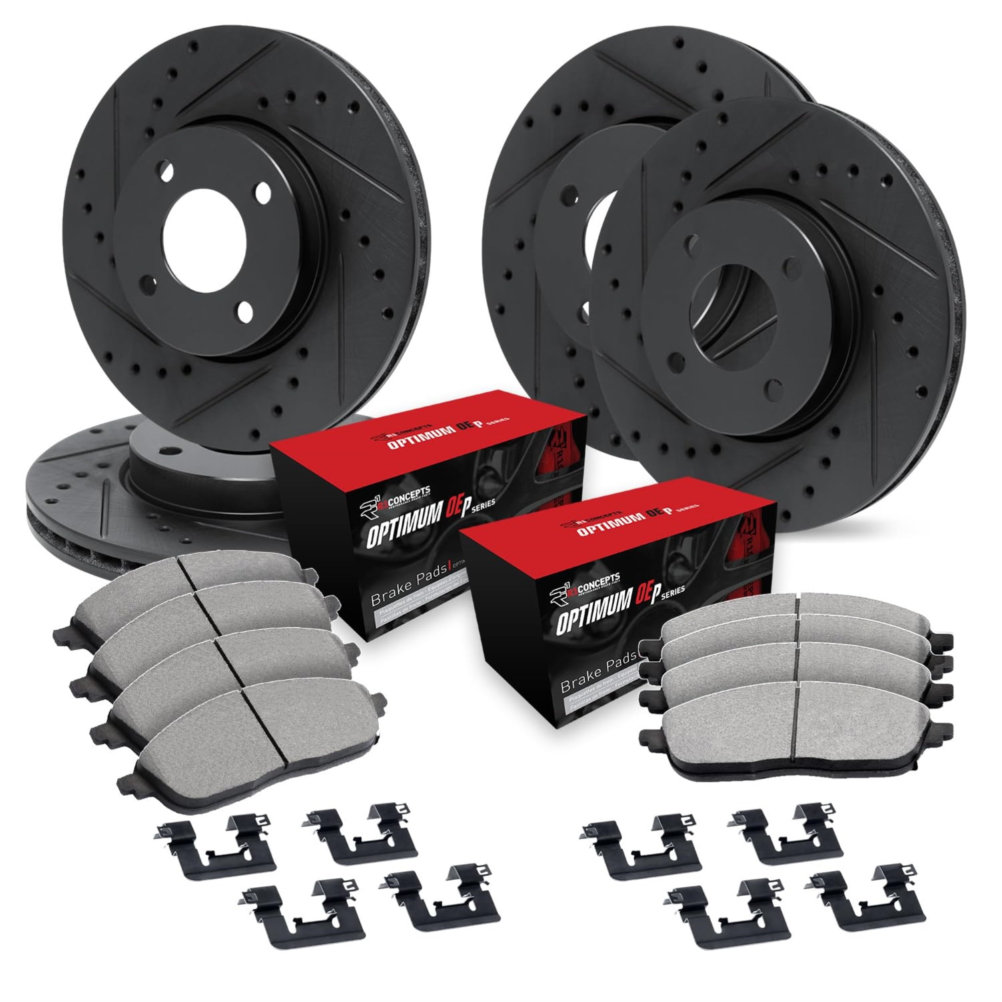 R1 Concepts Drilled and Slotted Black Disc Brake Rotor Set with Optimum Oe Pads and Hardware WHUH2-76145