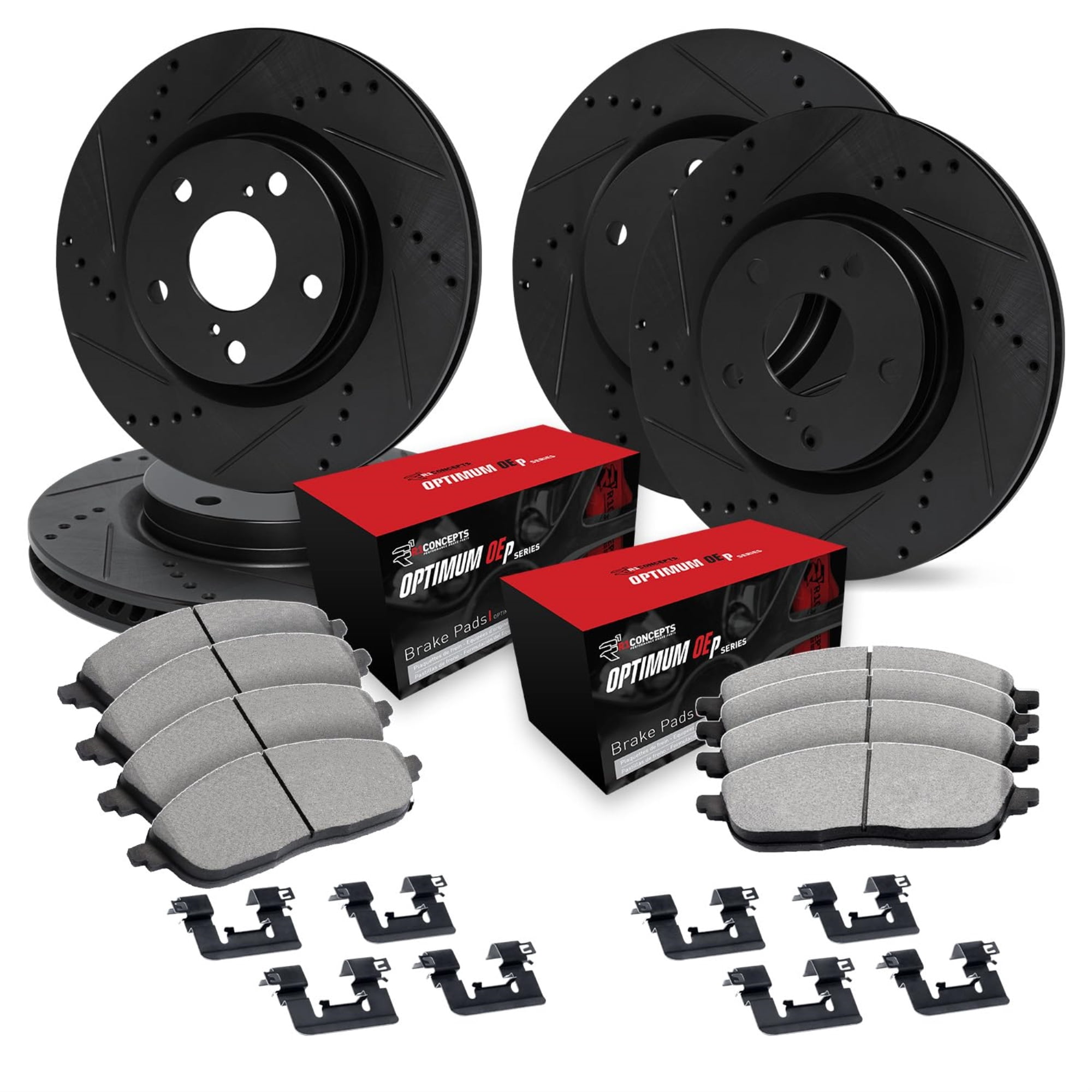 R1 Concepts Drilled and Slotted Black Disc Brake Rotor Set with Optimum Oe Pads and Hardware WHUH2-80046
